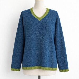 Vintage Higher State Sweater | Acrylic V-Neck | Navy Green Trim | Size M | 90s